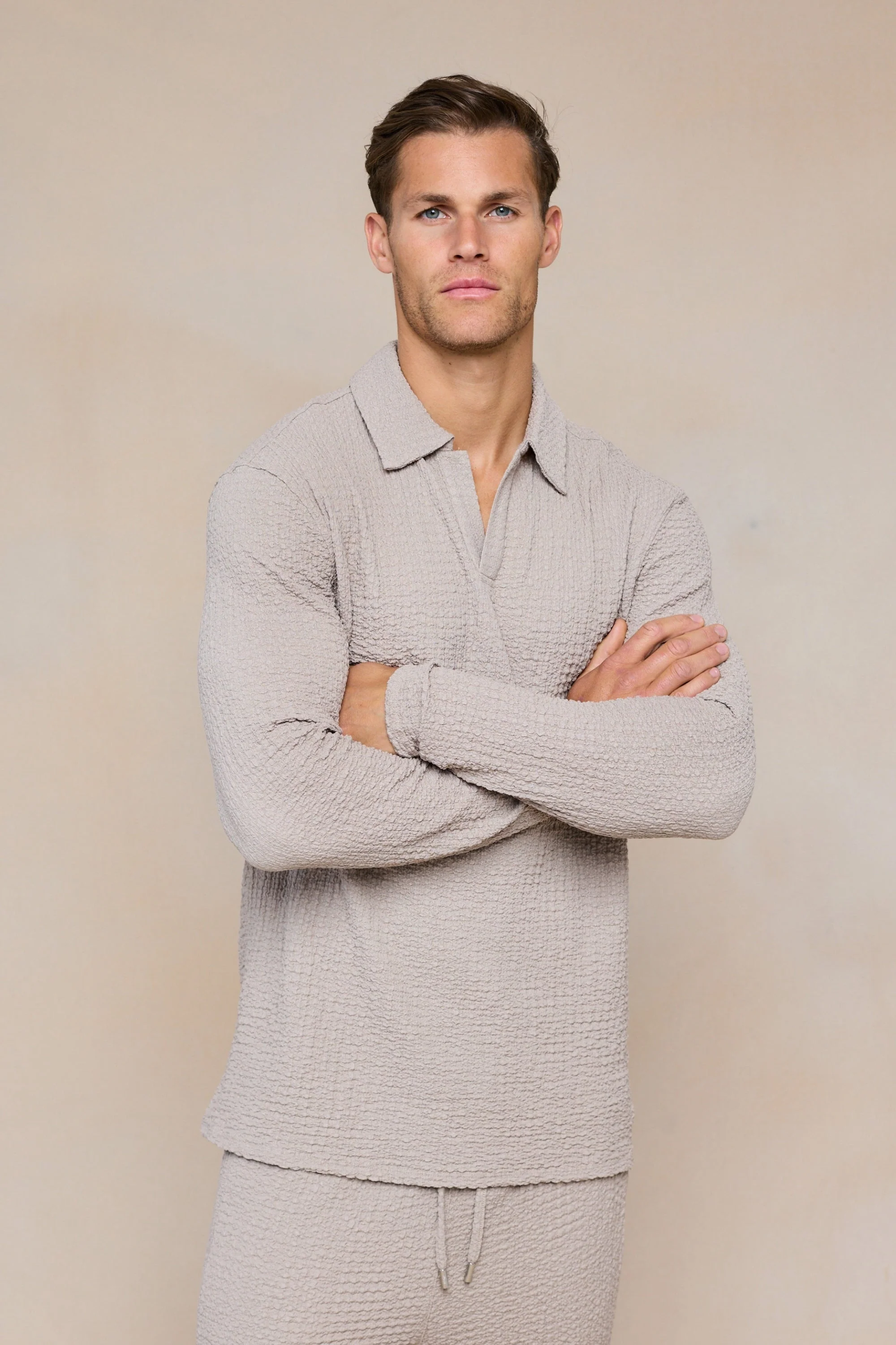 Artie Ruched Textured Long Sleeve Polo Shirt - Mushroom - Image 3