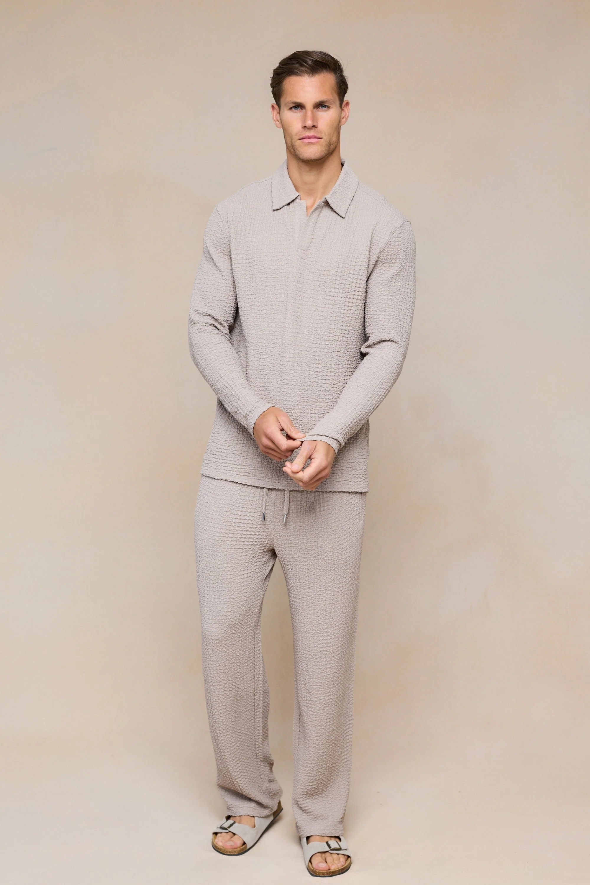 Artie Ruched Textured Long Sleeve Polo Shirt - Mushroom - Image 8
