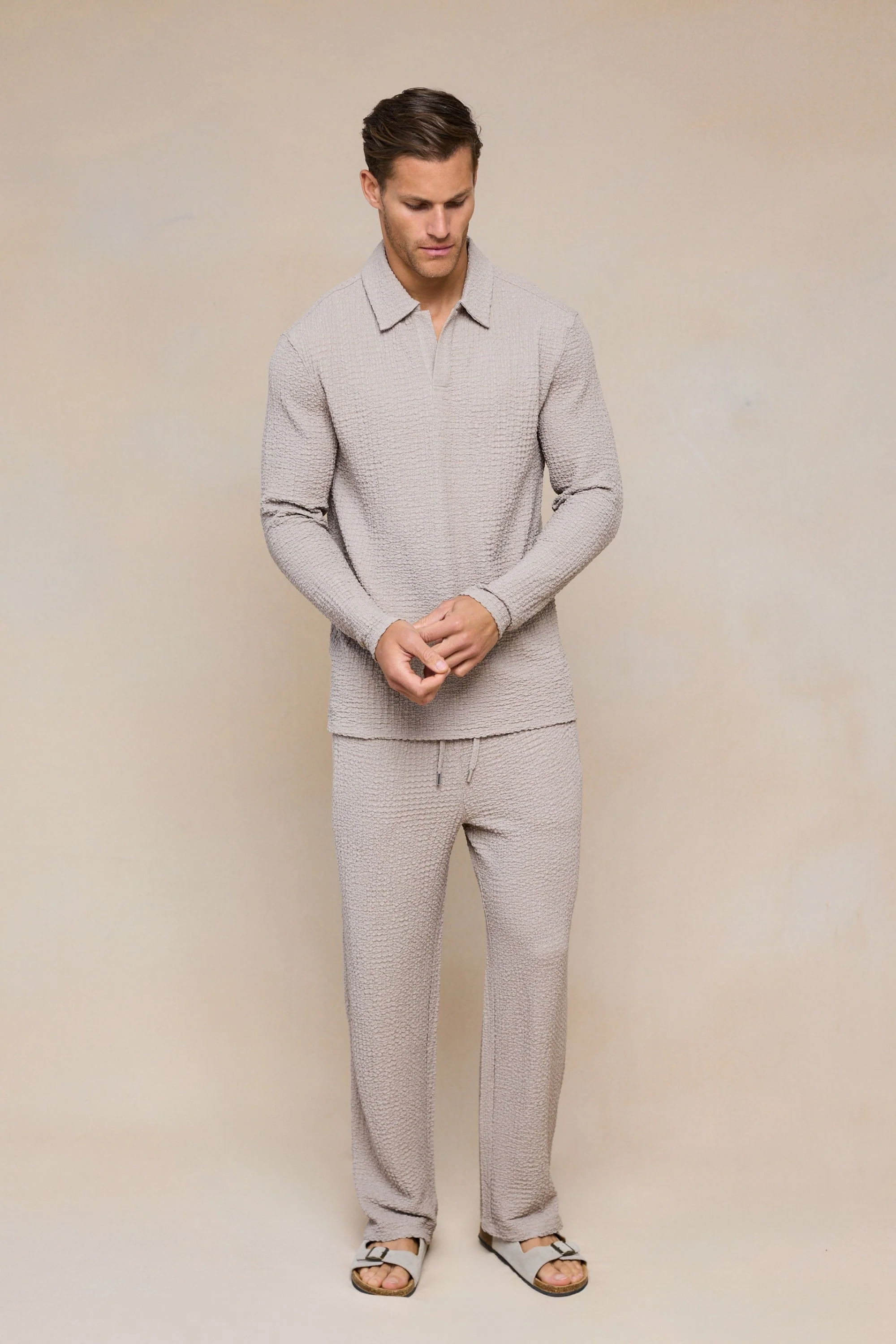Artie Ruched Textured Long Sleeve Polo Shirt - Mushroom - Image 9