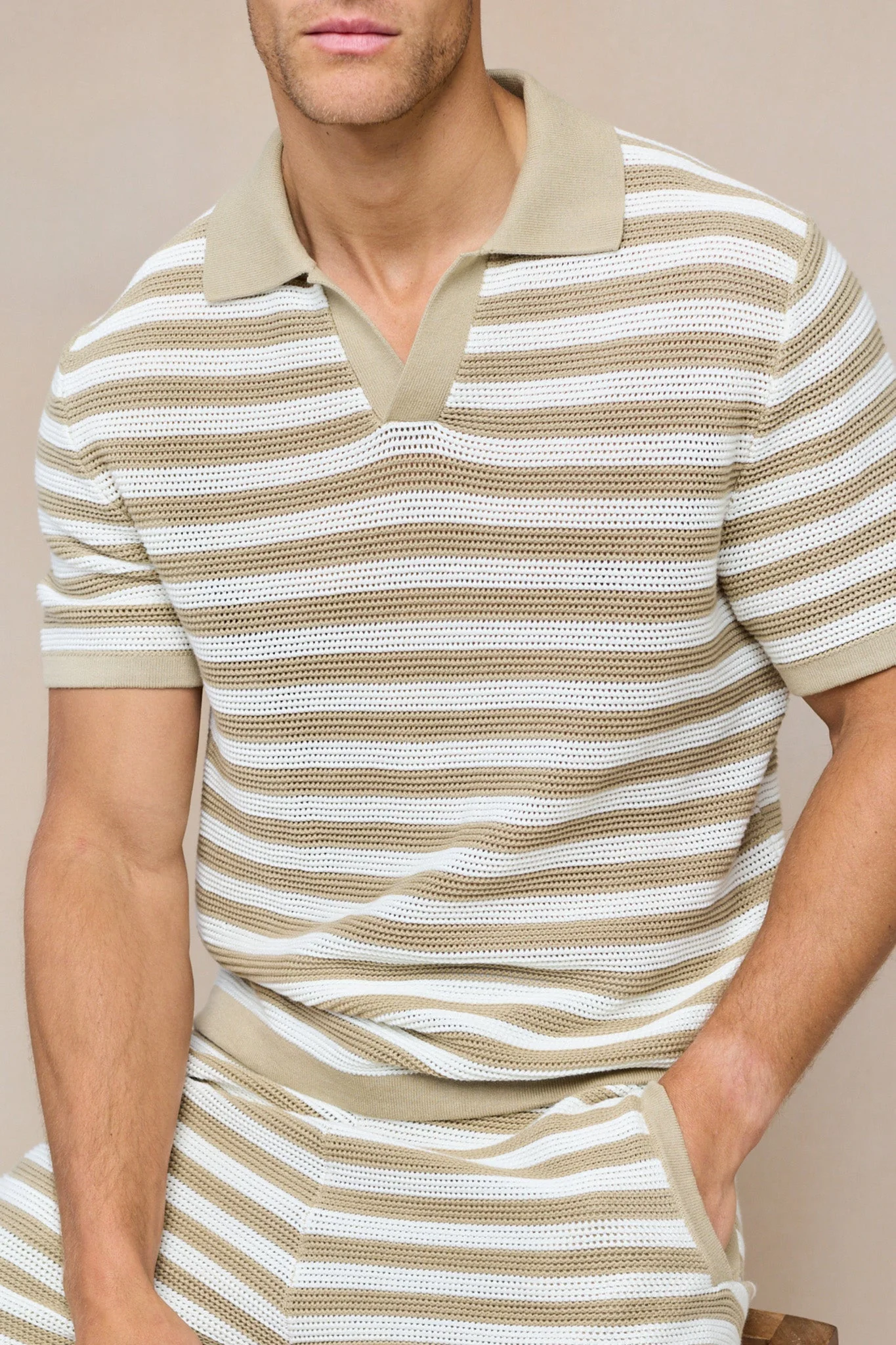 Lattolo Striped Knit Polo Shirt - Ecru/Beige - Image 2