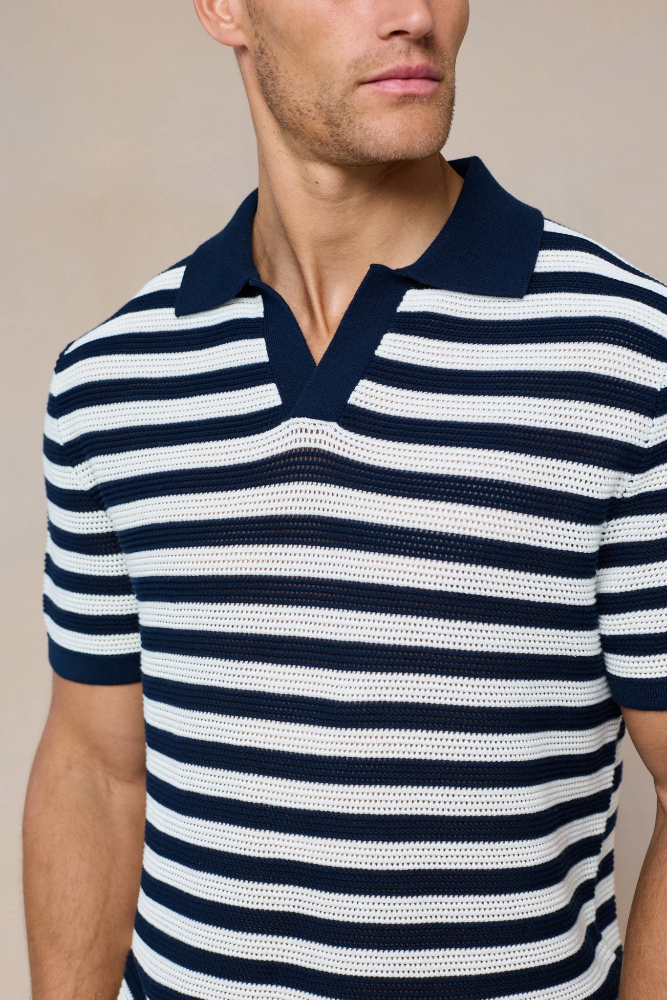Lattolo Striped Knit Polo Shirt - Navy/Ecru - Image 3