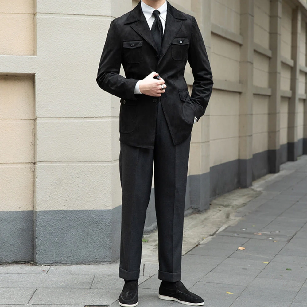 Old Money Italian Slim Fit Velvet Suede Jacket - Image 2