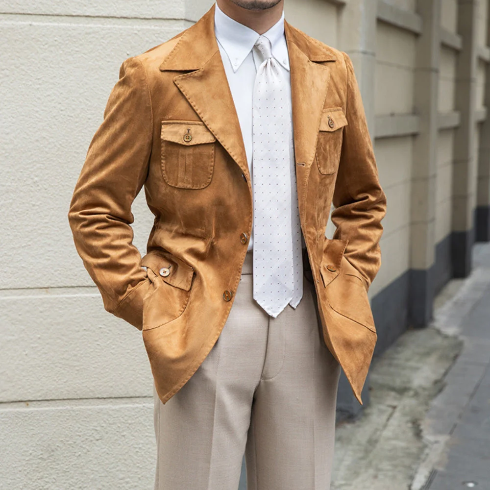 Old Money Italian Slim Fit Velvet Suede Jacket - Image 4