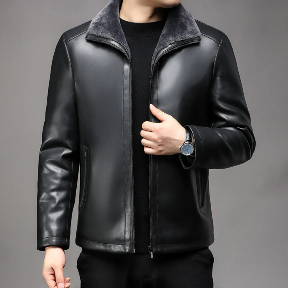 Old Money Thickened Fur Collar Leather Jacket - Image 4
