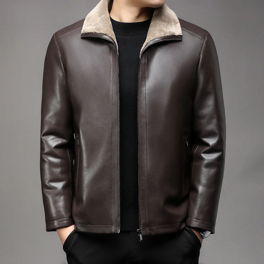 Old Money Thickened Fur Collar Leather Jacket - Image 6