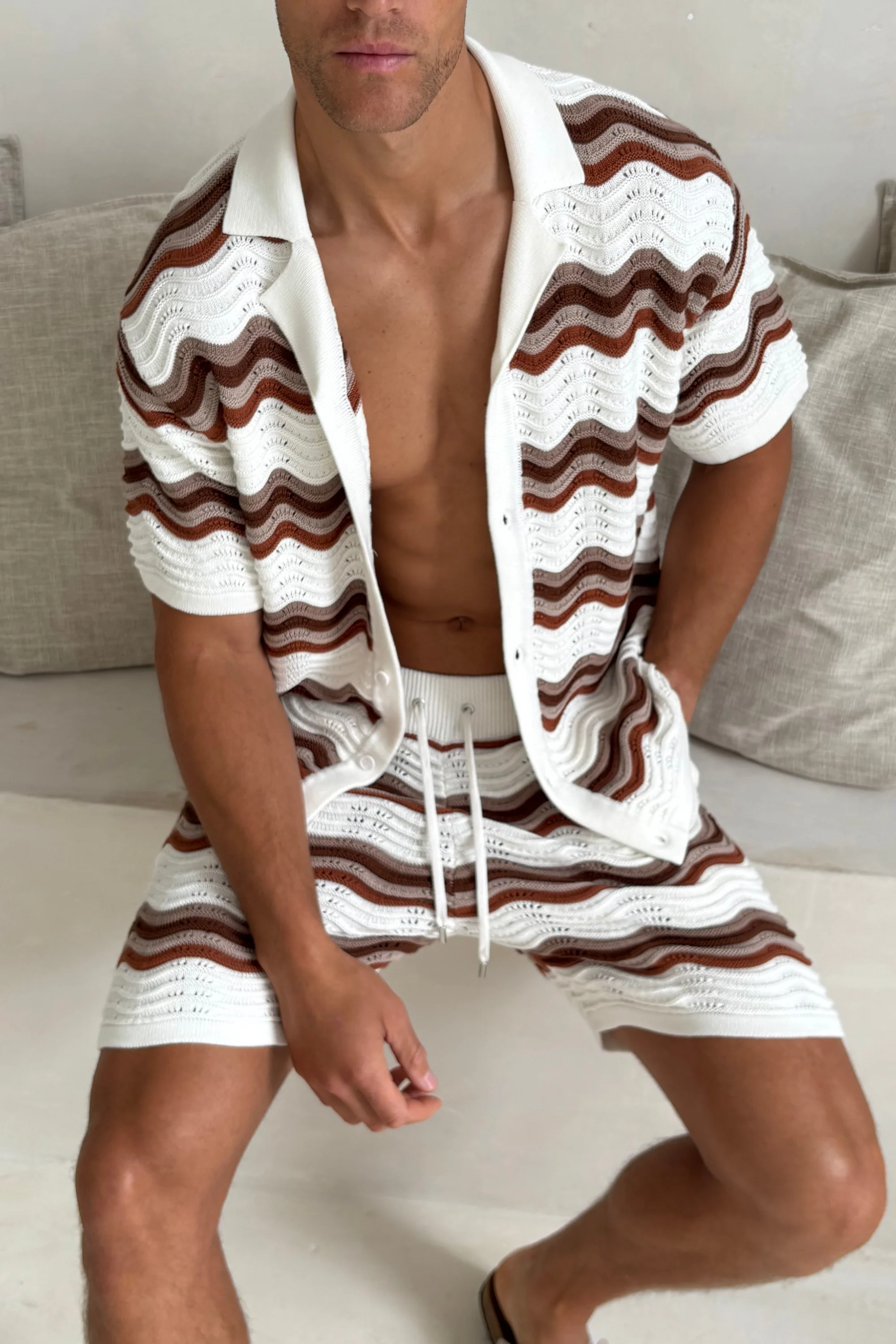 Primavera Crochet Knit Shirt - Ecru/Brown - Image 3